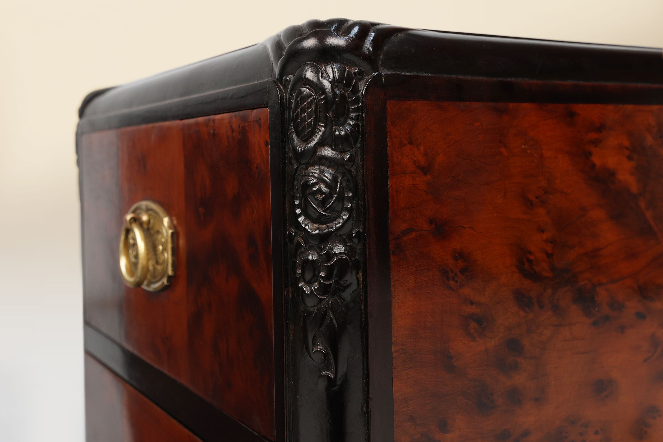 Pair of Art Deco nightstands in burl veneer, oak and copper, France ca. 1910thumbnail
